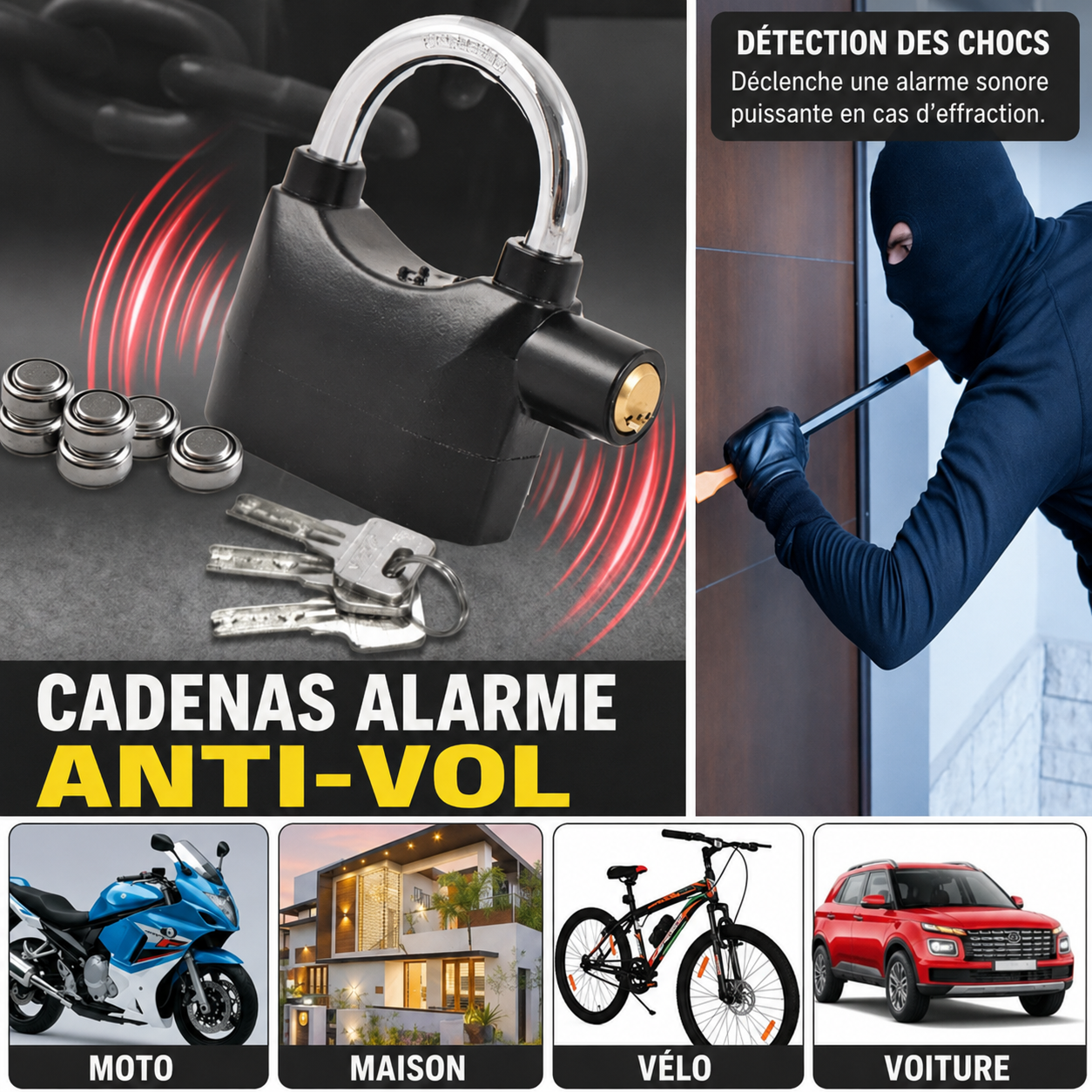 🔒 Cadenas Alarme Anti-Vol 110 dB – Sécurité Instantanée contre les Effractions