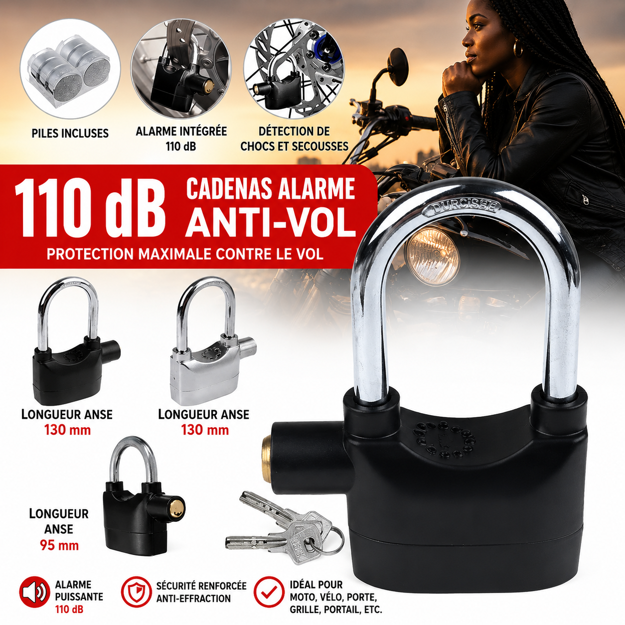 🔒 Cadenas Alarme Anti-Vol 110 dB – Sécurité Instantanée contre les Effractions