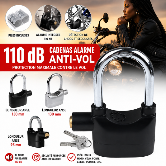 🔒 Cadenas Alarme Anti-Vol 110 dB – Sécurité Instantanée contre les Effractions